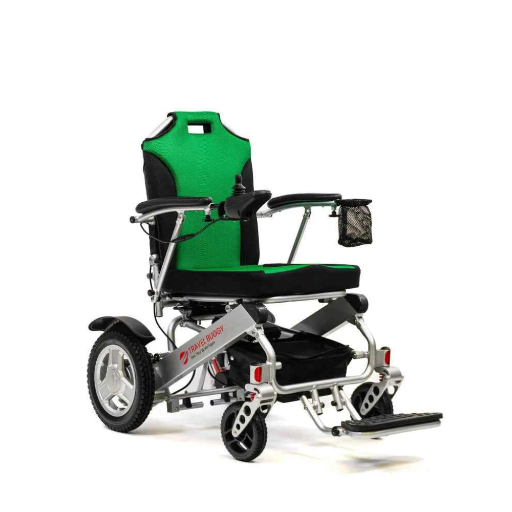 Right angle view of the Travel Buggy CITY 2 PLUS equipped with vibrant green replacement cushions.